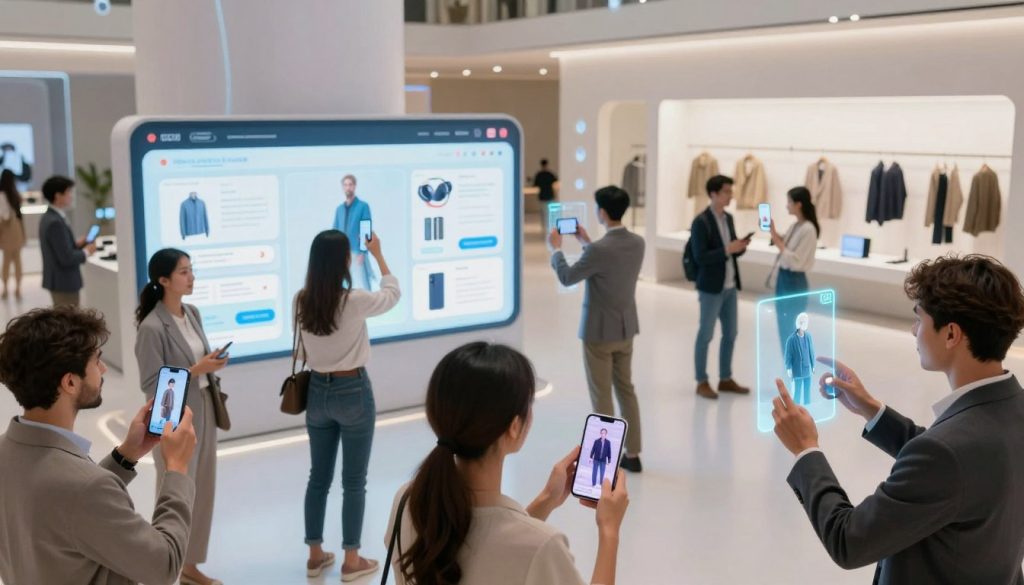 A vibrant e-commerce scene showcasing augmented reality technology. In the foreground, a diverse group of professional individuals, dressed in smart casual attire, interact with holographic displays of products, such as clothing and gadgets, projected from sleek smartphones. The middle ground features a modern retail space with an immersive digital interface, including virtual try-on features and interactive catalogs. The background displays an open, futuristic shopping environment characterized by minimalist decor and soft, ambient lighting that enhances the tech-driven atmosphere. The angle is slightly elevated to capture the excitement and engagement of customers as they explore the possibilities of augmented shopping experiences. The mood is dynamic, innovative, and forward-looking, illustrating the trends in immersive and sensory interfaces in web design.