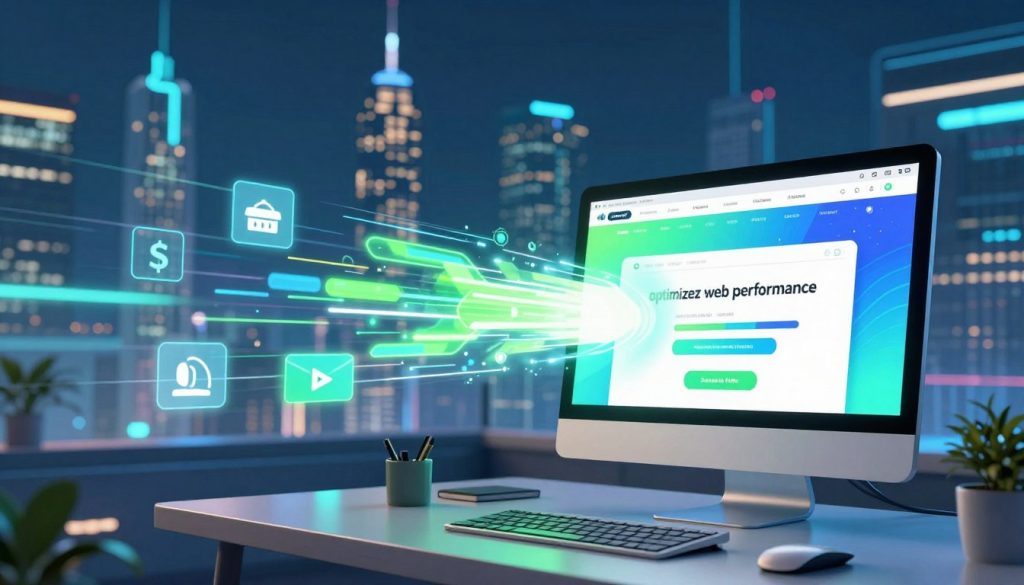 A visually striking scene illustrating the concept of "optimized web performance." The foreground features a sleek, modern workspace with a desktop computer displaying a vibrant, dynamic website design that appears to load instantly. In the middle ground, abstract representations of speeding data packets, illustrated as glowing lines and shapes, coexist with icons symbolizing speed and efficiency. The background showcases a futuristic city skyline illuminated by neon lights, suggesting a digital future. The atmosphere is energetic and innovative, with soft blue and green lighting casting a tech-inspired glow throughout the scene. Use a wide-angle perspective to enhance depth, conveying a sense of movement and progress in web design trends for 2026.